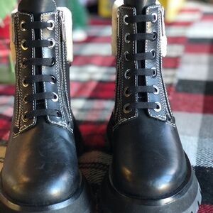 Black Leather Ankle Boots with White Shearling Collar by Phillip Lim 6.5